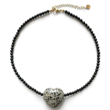 Imagem de MEVOME Colar com pingente de coração grosso com contas de pedra natural, banhado a ouro 18K, pedra preciosa, pêssego, coração, gargantilha feminina, joia para presente de aniversário, Natal, Ano Novo