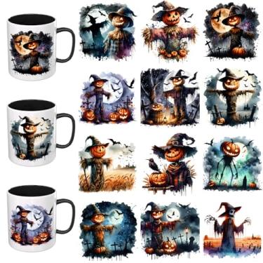 Imagem de Elewins Adesivos UV DTF de Halloween - 12 folhas Clipart de espantalho UV DTF Cup Wrap para canecas de vidro café, decalques DIY para copos, esfregar à prova d'água em transferências para artesanato