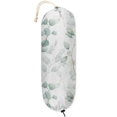 Imagem de 1 peça suporte de saco de plástico com padrão de folha de eucalipto, impermeável, reutilizável, organizador de armazenamento de mantimentos com laço para cozinha, armário, banheiro, lavanderia