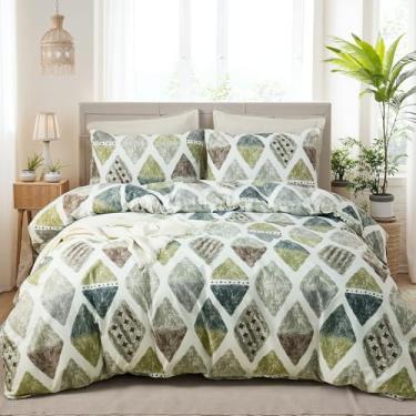 Imagem de Cozaline Conjunto de capa de edredom 100% algodão Queen – Conjunto de cama geométrico verde de 3 peças, capa de edredom leve e macia com fecho de zíper, conjunto de cama estética de cor contemporânea