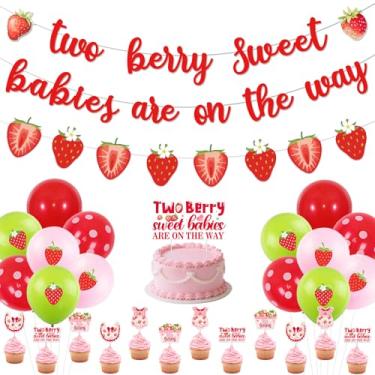 Imagem de Funmemoir Strawberry Baby Shower Decorations for Twins Girls, Two Berry Sweet Babies Are on the Way Cake Cupcake Toppers, Banner, Garland, Balloons, Two Berry Sweet Twins Baby Shower Decorations