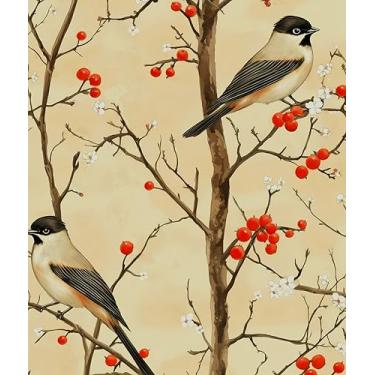 Imagem de Papel de parede vintage pássaro descascar e colar, papel de contato com frutas botânicas amarelas/vermelhas, papel de parede floral, retrô, autoadesivo, removível, impermeável, para paredes de quarto