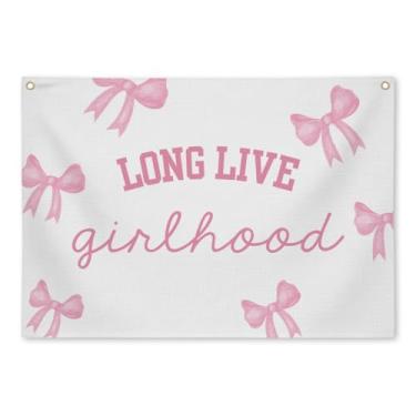 Imagem de Sahjzk Faixa Long Live Girlhood com laço rosa de linho para pendurar na parede para quarto de meninas, berçário, sala de jogos, dormitório, área de bebê, espaço infantil, arco estético, decoração