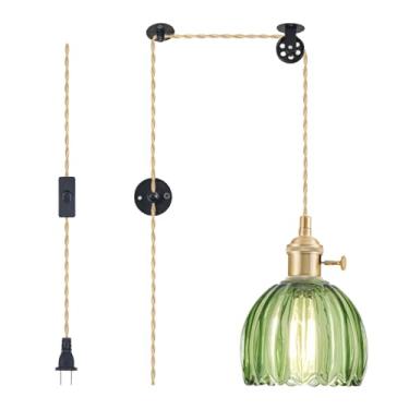 Imagem de Luminárias pendentes de plugue, luminária pendurada, luminária pendente de vidro vintage, mini lâmpada suspensa de tulipa verde, iluminação pendente para ilha de cozinha, quarto, sala de jantar, sala
