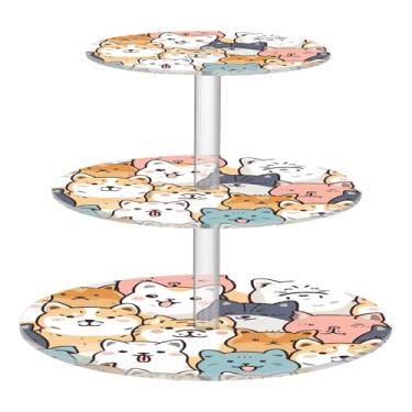 Imagem de Blueangle Suporte redondo de cupcake de 3 camadas – torre de sobremesa acrílica de desenho animado de cães, gatos, suporte de sobremesa em camadas antiderrapante para chá de bebê, aniversário, festa