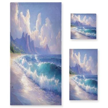 Imagem de Blueangle Conjunto de toalhas de pintura a óleo do oceano tropical - 3 peças de toalhas de banheiro macias absorventes para spa e decoração de casa (inclui banho, toalha de mão e toalha) #320