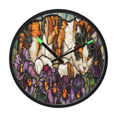 Imagem de SEHANY Pintura esmaltada de relógio de parede de gato, silencioso, sem tique-taque, relógio redondo operado por bateria, controle de som, luz noturna, relógios de parede para sala de estar, cozinha