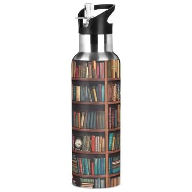 Imagem de KEEPREAL Garrafa de água Library Bookshelf 947 ml, aço inoxidável isolado a vácuo com tampa de canudo à prova de vazamento – Garrafa durável para academia e esportes ao ar livre para acampamento
