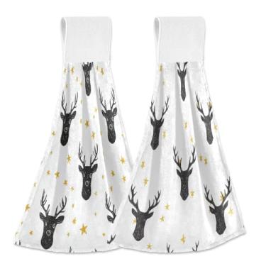 Imagem de Blueangle Pacote com 2 toalhas de gravata de veado preto de Natal - Toalhas de prato de veludo coral macio absorvente para cozinha e banheiro (415)