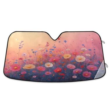 Imagem de ATTX Pára-brisas de carro pintura margaridas 139.7 cm x 70.1 cm escudo solar universal com proteção UV, persiana de janela frontal automática dobrável para sedãs SUVs caminhões #683