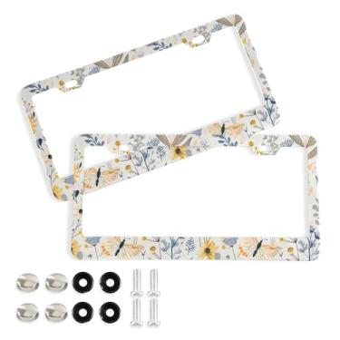 Imagem de SEHANY Molduras de placa de licença de flores florais coloridas, capas de moldura de placa de carro de alumínio à prova de ferrugem com orifícios elípticos e parafusos serve para veículos padrão dos