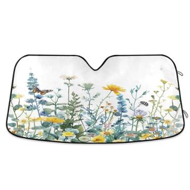 Imagem de ATTX Flores silvestres com borboletas pára-brisa de carro 144.8 cm x 80.0 cm escudo solar universal com proteção UV, persiana de janela frontal automática dobrável para Sedans SUVs caminhões #313