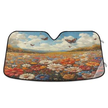 Imagem de ATTX Pára-brisas de carro colorido flores silvestres prado para-sol 134.6 cm x 59.7 cm protetor solar universal com proteção UV, persiana de janela frontal automática dobrável para Sedans SUVs