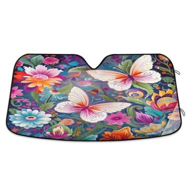 Imagem de ATTX Para-brisa de carro borboletas coloridas 139.7 cm x 70.1 cm escudo solar universal com proteção UV, persiana de janela frontal automática dobrável para caminhões Sedans SUVs #516