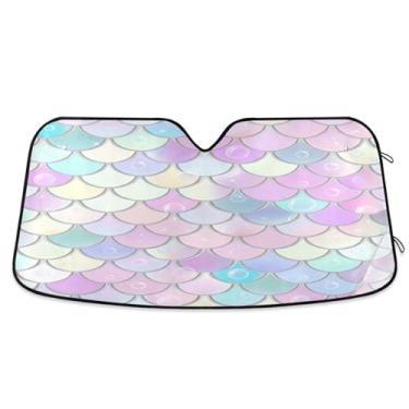 Imagem de ATTX Escamas de sereia coloridas para para-brisas de carro 139.7 cm x 70.1 cm Protetor solar universal com proteção UV, persiana de janela frontal automática dobrável para caminhões Sedans SUVs #103