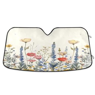 Imagem de ATTX Wildflowers para-sol para para-brisas de carro 139.7 cm x 70.1 cm Protetor solar universal com proteção UV, persiana de janela frontal automática dobrável para caminhões Sedans SUVs #791
