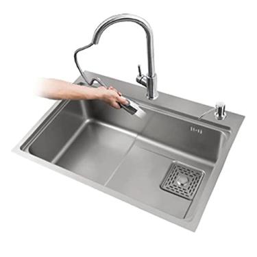 Imagem de HGTRH Conjunto combinado de pia e torneira de cozinha, pia de estação de trabalho de cozinha embaixo da pia de aço inoxidável para cozinhas com cesta de drenagem, tábua de cortar tubo para instalação