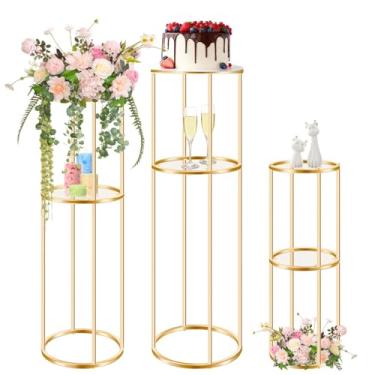Imagem de Conjunto de suportes de flores de pedestal de cilindro de metal de 2 camadas, expositor de prateleira de acrílico de metal alto para centros de mesa de casamento, expositores de vasos, decorações de