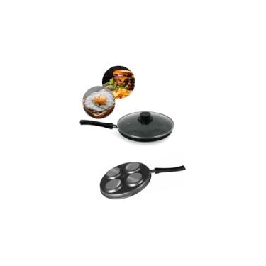 Imagem de Frigideira Antiaderente com 4 Divisórias, Alumínio, Tampa de Vidro, Preta, 43x28cm, Multiuso