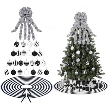 Imagem de Syhood Conjunto de 38 peças de enfeites de Natal preto e branco, bola de Natal, saia de árvore de Natal, laços de Natal, bolas pretas e brancas, saia de árvore, arco de guirlanda para decoração de