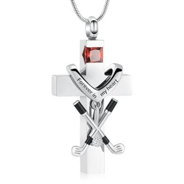 Imagem de zeqingjw Colar de urna com cruz para cinzas, pedra do mês de nascimento, cremação, tacos de golfe, joias para cinzas, lembrança de cinzas, pingente de cinzas de aço inoxidável, suporte de cinzas para