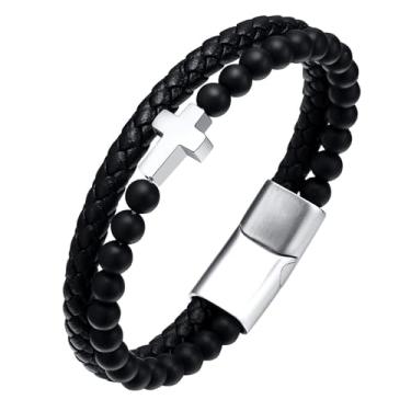 Imagem de Udolfly Pulseiras masculinas de couro trançado, pulseira cruzada multicamadas com fecho e pulseira, joia masculina, 8.5 Inches, Sem Pedra Preciosa
