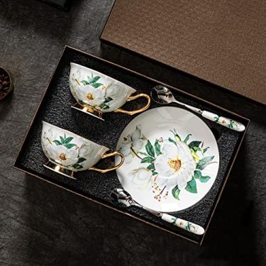 Imagem de Conjunto de chá de porcelana, conjunto de café europeu, xícaras de chá e pires, conjunto de chá com padrão floral de lírio, conjunto de presente de chá para amantes de chá e mulheres (B)