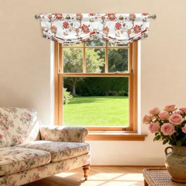 Imagem de Leeva Saia plissada floral vintage vermelha, cobertura de cortina com bolso de haste texturizada de linho para janelas de sala de estar, tratamento de janela de casa de fazenda com estampa de flores
