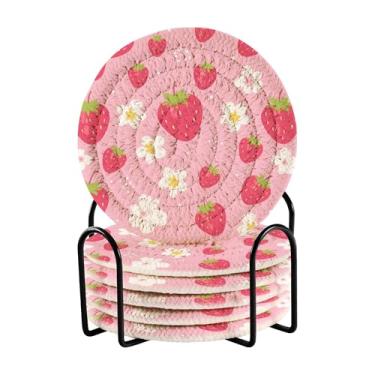 Imagem de SEHANY Conjunto de 6 porta-copos fofos de morango com suporte, porta-copos redondos absorventes de algodão resistente ao calor para mesa de jantar, canecas de café, proteção de copos, 10 cm