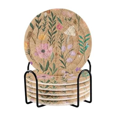 Imagem de SEHANY Conjunto de 6 porta-copos de cogumelos florestais com suporte, porta-copos redondos absorventes de algodão resistente ao calor para mesa de jantar, canecas de café, 10 cm