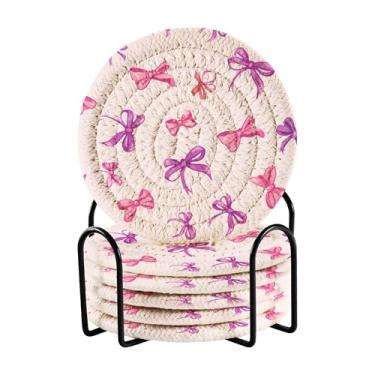 Imagem de SEHANY Conjunto de 6 porta-copos com laço rosa fofo com suporte, porta-copos redondos absorventes de algodão resistente ao calor para mesa de jantar, canecas de café, 10 cm