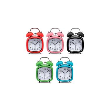 Imagem de Relógio Despertador Retrô Quadrado com Luz LED, Mecânico, Ferro/ABS, 12,5cm, Disponível em Múltiplas