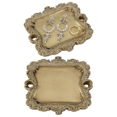Imagem de ORIGACH 2 peças de prato de anel de ouro pequeno vintage, prato de bugiganga antigo, bandeja de joias vintage, suporte de anel de aniversário e casamento para presentes