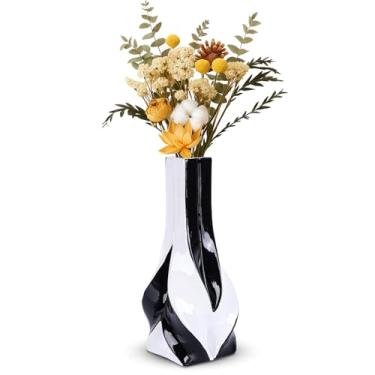 Imagem de Vaso de cerâmica preto e branco de 27 cm, vaso de flores geométrico moderno para mesa de jantar, vaso decorativo elegante para grama dos pampas, sala de estar, quarto, escritório, decoração de mesa