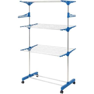 Imagem de Varal de Chão 3 Andares com Rodízios, Branco, Aço e ABS, 170x70x65cm, Dobrável e Portátil, 6 Prateleiras Reguláveis, Suporta até 48kg