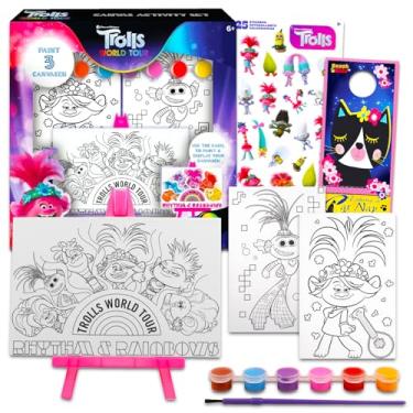 Imagem de Conjunto de pintura Trolls para crianças – Conjunto de materiais de arte Trolls com telas, cavaletes, adesivos de Trolls Plus Trolls, mais | Presentes de trolls para meninas, artes e artesanato
