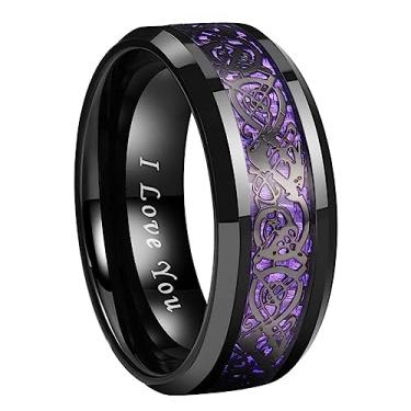 Imagem de TUTISS Anéis de tungstênio preto incrustado dragão celta vermelho verde roxo de fibra de carbono 8 mm para homens e mulheres alianças de casamento I Love You Gravado Ajuste confortável, Metal não precioso, Sem pedra preciosa