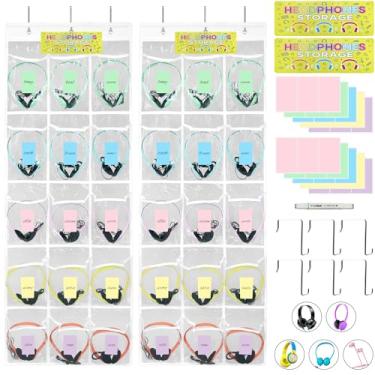 Imagem de [Pacote com 2] Organizador de fone de ouvido com 30 bolsos transparentes de PVC para pendurar na porta com 62 etiquetas e ganchos, suporte dobrável para fones de ouvido para sala de aula, escritório