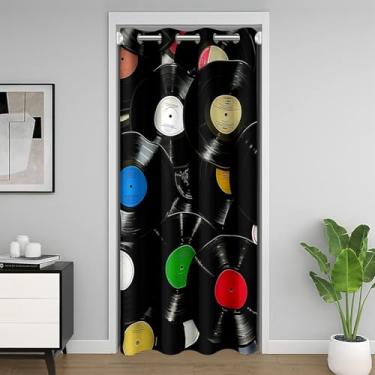 Imagem de jejeloiu 83s Capa de cortina de vinil retrô 86 x 203 cm capa de armário de música vintage toca-discos, notas musicais, cortina de porta de músico para decoração de quarto de privacidade de entrada de