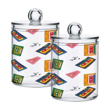 Imagem de Qilmy Fitas cassete retrô com suporte Qtip, pacote com 2, frascos de boticário de 400 ml, vasilha organizadora de banheiro para Qtips, cotonetes de algodão, bolas de algodão, almofadas de cosméticos
