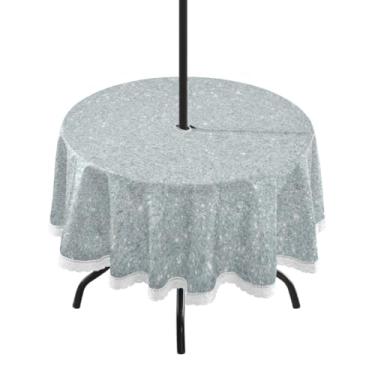 Imagem de Qilmy Toalha de mesa redonda à prova d'água com textura brilhante prateada de 152 cm com orifício para guarda-chuva e zíper – uso externo / interno resistente para pátio, churrascos, piqueniques