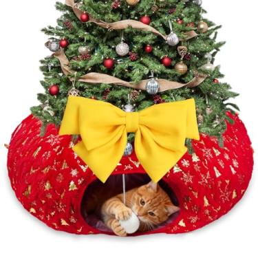 Imagem de Homimp Cama de túnel para gatos com tapete central, playground grande de Natal com brinquedo de bola de pelúcia, caverna de gato Peekaboo com almofada circular lavável para gatos internos, esconderijo