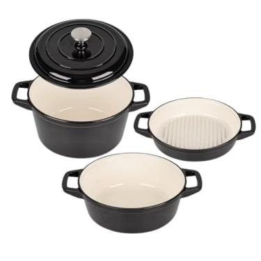 Imagem de Conjunto de Panelas de Ferro Fundido 3 Peças com Tampa – Cozimento Uniforme, Compatível com Gás, Indução e Forno – Kit 10kg (Preto)