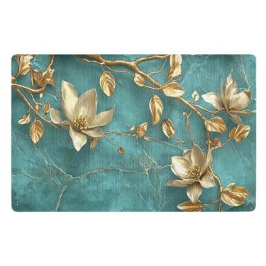 Imagem de Tapete de porta frontal externo com flores douradas azul-petróleo 81 x 50 cm, tapete de porta de perfil baixo, capacho de entrada interna para entrada, porta da frente, varanda, pátio
