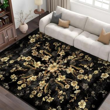 Imagem de Castage Tapetes de área de 15 x 23 cm, preto, floral, lavável, para sala de estar, quarto, grande, boêmio, vintage, casa de fazenda, oriental, desgastado, tapete antiderrapante para cozinha, sala de