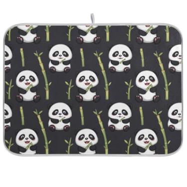 Imagem de Tapete de secagem de pratos preto Panda fofo 40,6 cm x 45,7 cm Tapete reversível para barra de café de secagem rápida tapete de escorredor de pratos tapete protetor de bancada