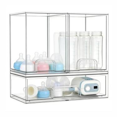 Imagem de Gajiuhon Conjunto organizador de gaveta de acrílico | Armazenamento empilhável de bancada e armário para mamadeiras, penteadeira e despensa (conjunto de 3 peças de grande capacidade (2 m + 1 litro))