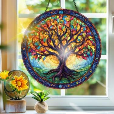 Imagem de Acrílico colorido, apanhador de sol, árvore da vida, decoração de janela pendurada, arte de parede de arco-íris, para varanda, interior e exterior, jardim, enfeites de Natal, decoração 19 x 19 cm, CH