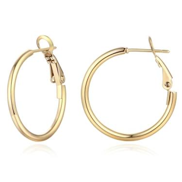 Imagem de Rhinelife Brincos de argola de ouro para mulheres, revestimento PVD dourado 18 quilates, hipoalergênico, joia moderna para o dia a dia, presente para ela, tamanho pequeno, médio e grande, Medium, Aço