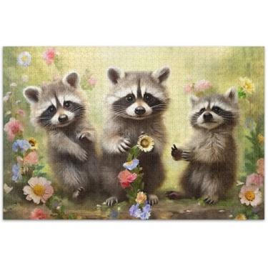 Imagem de Quebra-cabeça para adultos com flores de guaxinins fofos, 1000 peças, arte colorida de animais, presentes para jogo de elefante branco, 75 x 40 cm